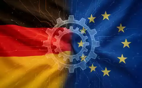 Abstrakte Darstellung der deutschen und EU-Flaggen, die ineinander übergehen, mit digitalen Linien und einem Zahnradsymbol. - Foto: über boerse-global.de