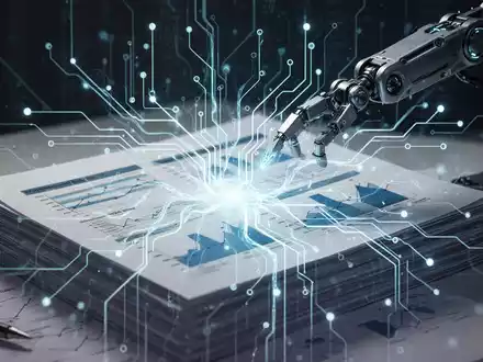 A glowing neural network superimposed on financial reports, with a robotic arm interacting with data streams, symbolizing AI transforming documents. - Foto: über boerse-global.de