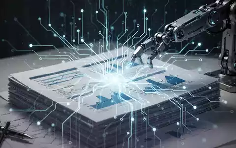 A glowing neural network superimposed on financial reports, with a robotic arm interacting with data streams, symbolizing AI transforming documents. - Foto: über boerse-global.de