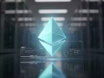 Ein stilisiertes, leuchtendes Ethereum-Logo auf einer dunklen, reflektierenden Oberfläche mit digitaler Datenüberlagerung. - Foto: über boerse-global.de