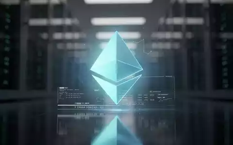 Ein stilisiertes, leuchtendes Ethereum-Logo auf einer dunklen, reflektierenden Oberfläche mit digitaler Datenüberlagerung. - Foto: über boerse-global.de