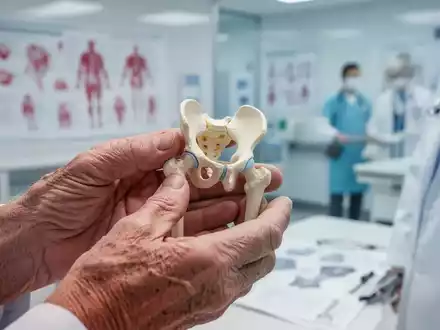 Ältere Hände halten vorsichtig ein anatomisches Modell eines Hüftgelenks, im Hintergrund verschwommen medizinische Unterlagen. - Foto: über boerse-global.de