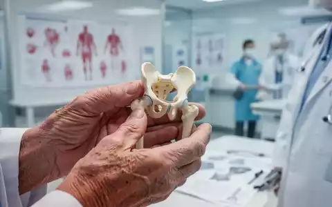 Ältere Hände halten vorsichtig ein anatomisches Modell eines Hüftgelenks, im Hintergrund verschwommen medizinische Unterlagen. - Foto: über boerse-global.de