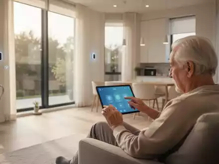 Ein modernes, barrierefreies Wohnzimmer mit integrierten Smart-Home-Geräten, in dem eine ältere Person ein Tablet benutzt. - Foto: über boerse-global.de