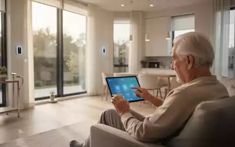 Ein modernes, barrierefreies Wohnzimmer mit integrierten Smart-Home-Geräten, in dem eine ältere Person ein Tablet benutzt. - Foto: über boerse-global.de