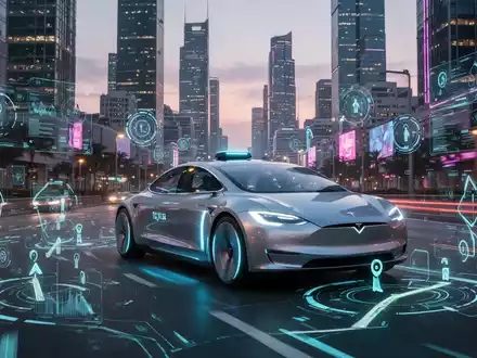 A sleek, futuristic Tesla robotaxi drives through a bustling city street at dusk, illustrating autonomous vehicle technology. - Foto: über boerse-global.de