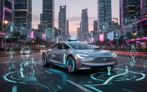 A sleek, futuristic Tesla robotaxi drives through a bustling city street at dusk, illustrating autonomous vehicle technology. - Foto: über boerse-global.de
