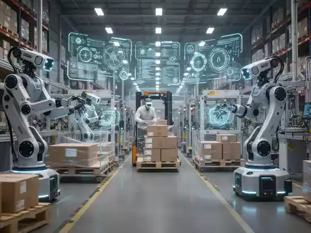 Robots working in a high-tech logistics warehouse, with humanoid and mobile robots moving packages and operating machinery. - Foto: über boerse-global.de