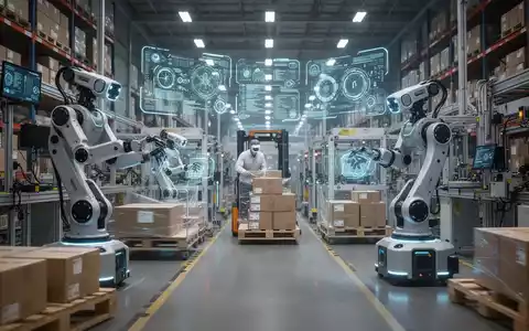 Robots working in a high-tech logistics warehouse, with humanoid and mobile robots moving packages and operating machinery. - Foto: über boerse-global.de