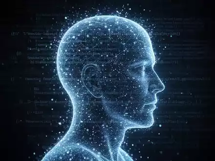 A glowing blue digital silhouette of a human head, made of particles, with subtle legal text overlays, representing AI and law. - Foto: über boerse-global.de