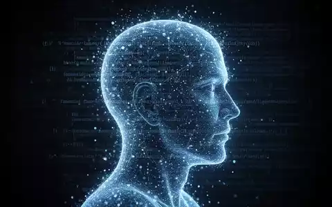 A glowing blue digital silhouette of a human head, made of particles, with subtle legal text overlays, representing AI and law. - Foto: über boerse-global.de
