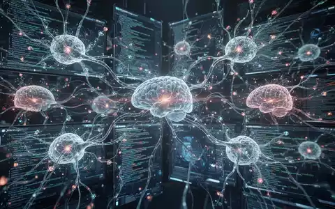 Multiple glowing, abstract AI neural networks working simultaneously on a digital interface, symbolizing enhanced coding productivity. - Foto: über boerse-global.de