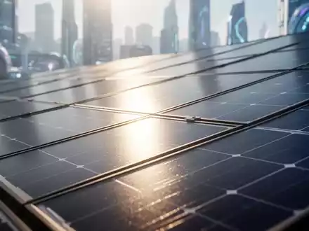Nahaufnahme eines modernen Solarmoduls, auf dem die Sonne glänzt, mit einem unscharfen, futuristischen Stadtbild im Hintergrund. - Foto: über boerse-global.de