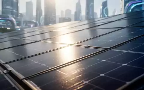 Nahaufnahme eines modernen Solarmoduls, auf dem die Sonne glänzt, mit einem unscharfen, futuristischen Stadtbild im Hintergrund. - Foto: über boerse-global.de
