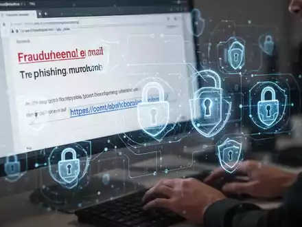 A close-up of a computer screen showing a phishing email targeting tax portal users, with security icons overlaid. - Foto: über boerse-global.de
