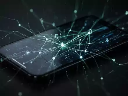 A stylized smartphone screen with abstract, glowing lines and nodes, symbolizing data and network connections and cyber threats. - Foto: über boerse-global.de