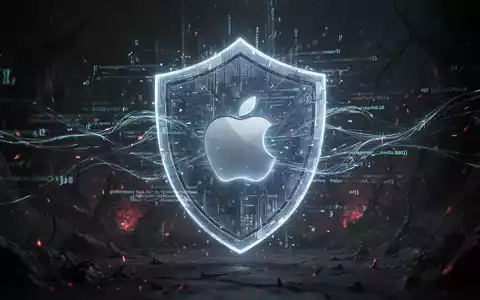 Ein abstraktes digitales Schild schützt ein stilisiertes Apple-Logo vor fließenden Daten und Code auf dunklem Hintergrund. - Foto: über boerse-global.de