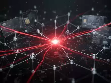 Abstract digital landscape with glowing red lines symbolizing data exfiltration and a credit card icon, representing a cybersecurity threat. - Foto: über boerse-global.de