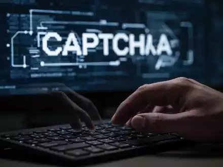 A hand typing on a laptop keyboard, with a blurred, distorted CAPTCHA screen in the background, symbolizing a cyber scam. - Foto: über boerse-global.de