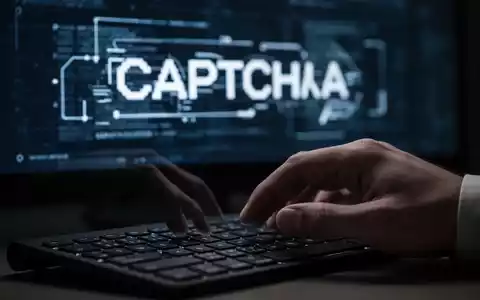 A hand typing on a laptop keyboard, with a blurred, distorted CAPTCHA screen in the background, symbolizing a cyber scam. - Foto: über boerse-global.de