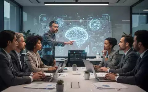 Menschen in einem modernen Büro, die an einer Schulung zur KI-Verordnung teilnehmen, mit einem Trainer, der auf eine holographische Schnittstelle zeigt. - Foto: über boerse-global.de