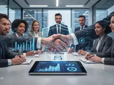 Geschäftsleute nutzen digitale Tools für das Onboarding und die Risikoprüfung, symbolisiert durch eine Tablet-Ansicht und Händedruck. - Foto: über boerse-global.de