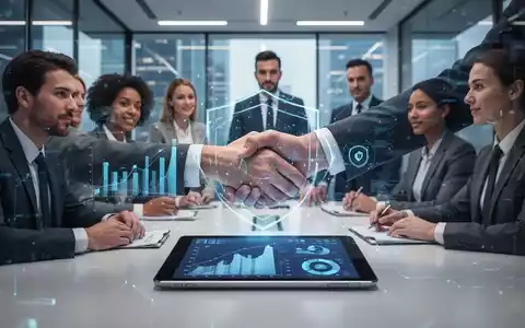 Geschäftsleute nutzen digitale Tools für das Onboarding und die Risikoprüfung, symbolisiert durch eine Tablet-Ansicht und Händedruck. - Foto: über boerse-global.de