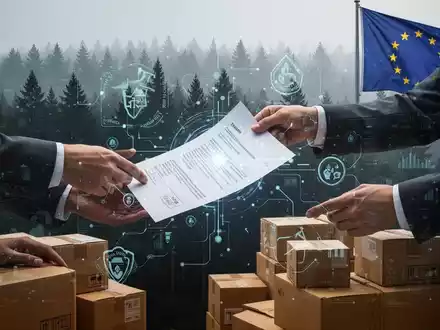 Hände tauschen Dokumente und Produkte in einer Lieferkette aus, mit Waldsilhouette und EU-Flagge im Hintergrund, die Compliance-Herausforderungen symbolisiert. - Foto: über boerse-global.de