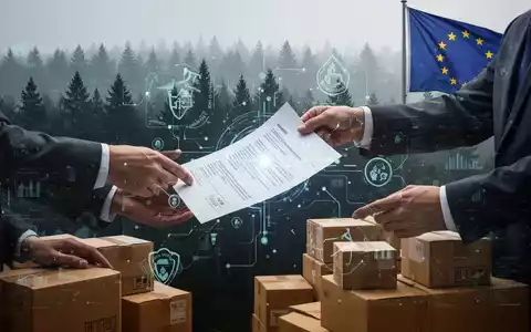 Hände tauschen Dokumente und Produkte in einer Lieferkette aus, mit Waldsilhouette und EU-Flagge im Hintergrund, die Compliance-Herausforderungen symbolisiert. - Foto: über boerse-global.de