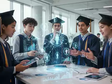 Junge Absolventen arbeiten in einem modernen Büro zusammen, umgeben von Hologrammen, die KI und zwischenmenschliche Fähigkeiten symbolisieren. - Foto: über boerse-global.de
