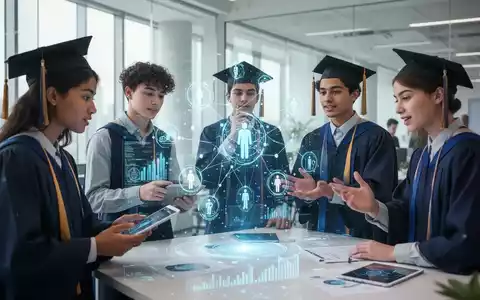 Junge Absolventen arbeiten in einem modernen Büro zusammen, umgeben von Hologrammen, die KI und zwischenmenschliche Fähigkeiten symbolisieren. - Foto: über boerse-global.de