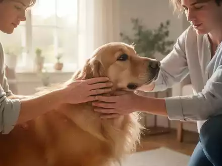 Eine Person streichelt einen Golden Retriever, der entspannt auf ihrem Schoß liegt, in einem hellen, beruhigenden Raum. - Foto: über boerse-global.de