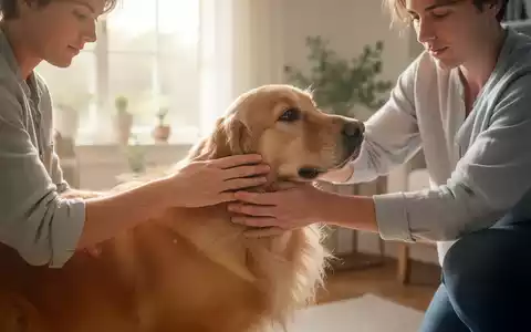 Eine Person streichelt einen Golden Retriever, der entspannt auf ihrem Schoß liegt, in einem hellen, beruhigenden Raum. - Foto: über boerse-global.de