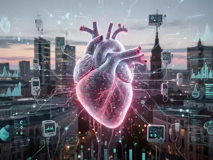 A glowing digital heart model with data visualizations, connected to medical devices, set against a blurred modern German cityscape. - Foto: über boerse-global.de