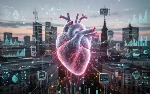 A glowing digital heart model with data visualizations, connected to medical devices, set against a blurred modern German cityscape. - Foto: über boerse-global.de