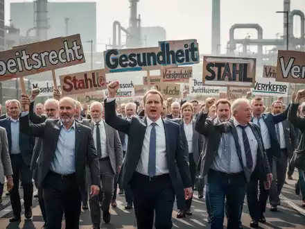 Menschen demonstrieren mit Schildern, die deutsche Branchen wie Arbeitsrecht und Gesundheitswesen repräsentieren, vor einem Stadtbild. - Foto: über boerse-global.de