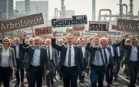 Menschen demonstrieren mit Schildern, die deutsche Branchen wie Arbeitsrecht und Gesundheitswesen repräsentieren, vor einem Stadtbild. - Foto: über boerse-global.de