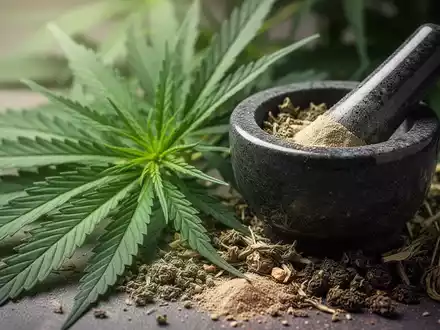 Nahaufnahme von Cannabisblättern und einem Mörser mit Kräutern, die medizinische Forschung und natürliche Heilmittel symbolisieren. - Foto: über boerse-global.de