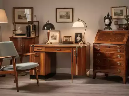 Eine stilvolle Ansammlung von Vintage-Möbeln und Designklassikern, darunter ein Mid-Century-Sessel und ein Biedermeier-Sekretär. - Foto: über boerse-global.de