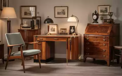 Eine stilvolle Ansammlung von Vintage-Möbeln und Designklassikern, darunter ein Mid-Century-Sessel und ein Biedermeier-Sekretär. - Foto: über boerse-global.de