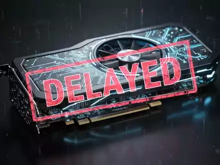 A close-up of a high-tech graphics card with glowing blue lines, overlaid with a translucent red 'DELAYED' stamp. - Foto: über boerse-global.de