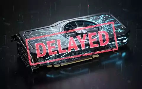 A close-up of a high-tech graphics card with glowing blue lines, overlaid with a translucent red 'DELAYED' stamp. - Foto: über boerse-global.de