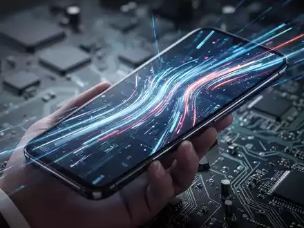A sleek, modern smartphone with a glowing, futuristic interface displaying abstract data flows and speed lines, held in a hand. - Foto: über boerse-global.de