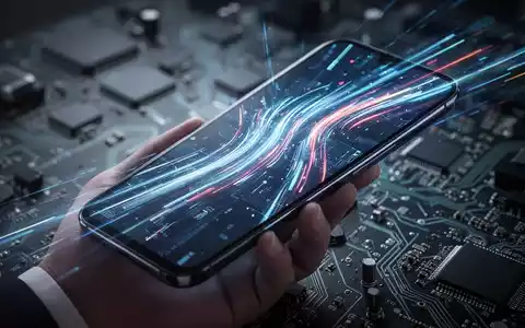 A sleek, modern smartphone with a glowing, futuristic interface displaying abstract data flows and speed lines, held in a hand. - Foto: über boerse-global.de