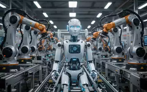 Humanoid robot on an assembly line in a factory, with other robotic arms and automated machinery in the background. - Foto: über boerse-global.de