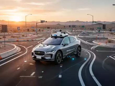 A Waymo self-driving car on an advanced desert test track at sunset, featuring simulated urban and highway environments. - Foto: über boerse-global.de