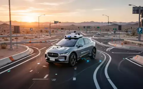 A Waymo self-driving car on an advanced desert test track at sunset, featuring simulated urban and highway environments. - Foto: über boerse-global.de