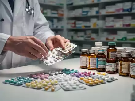 Hände eines Apothekers, die Medikamentenblister und -flaschen auf einem Tresen sortieren, im Hintergrund unscharfe Apothekenregale. - Foto: über boerse-global.de