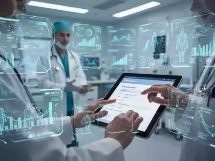 Ein futuristisches Gesundheitswesen mit digitalen Schnittstellen, die medizinische Daten und Diagramme anzeigen. Eine verschwommene medizinische Fachkraft interagiert mit einem Tablet, das ein digitales Formular zeigt. - Foto: über boerse-global.de