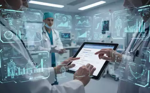 Ein futuristisches Gesundheitswesen mit digitalen Schnittstellen, die medizinische Daten und Diagramme anzeigen. Eine verschwommene medizinische Fachkraft interagiert mit einem Tablet, das ein digitales Formular zeigt. - Foto: über boerse-global.de